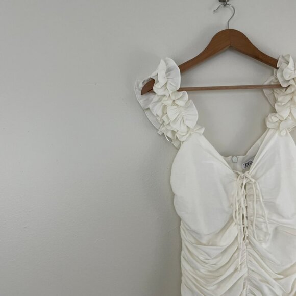 Zara White Linen Blend Ruched Ruffled Tie Front Mini Dress Size Small - Picture 6 of 6